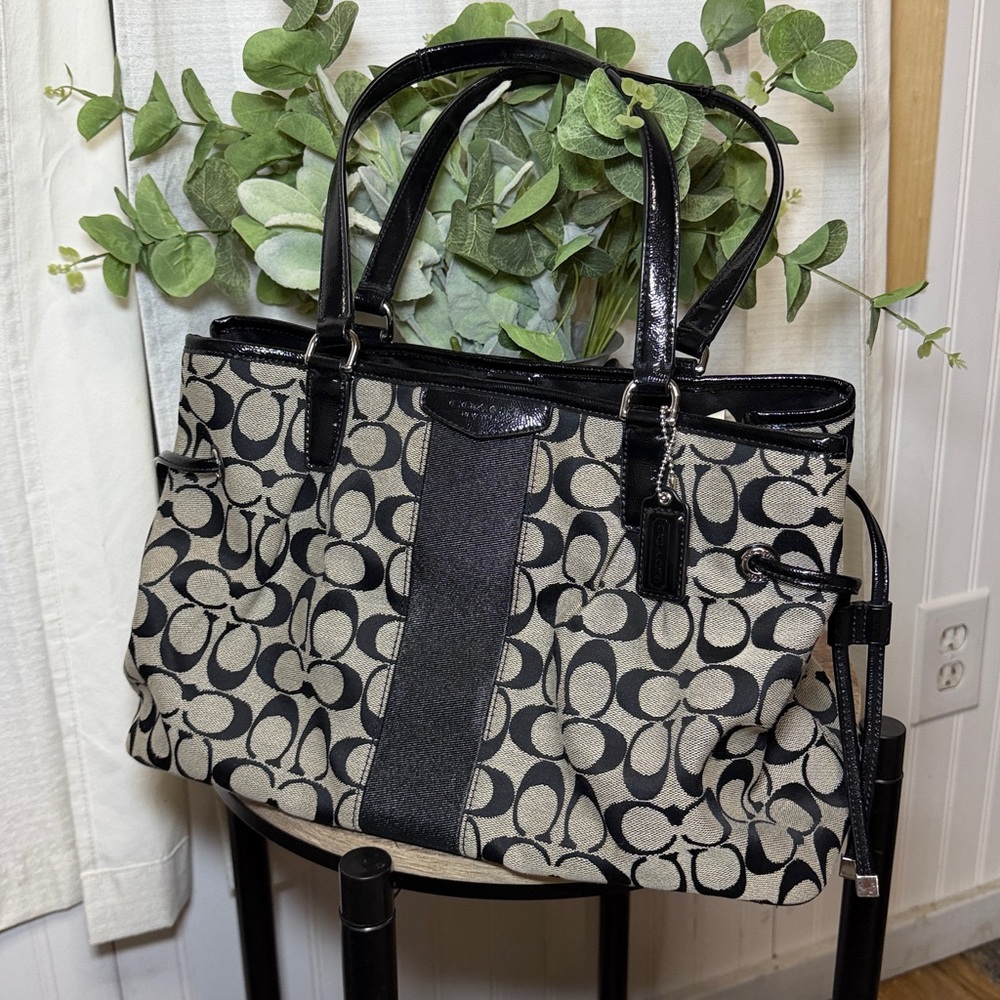 Coach Signature Stripe Tote Drawstring Carryall bag Designer Purse